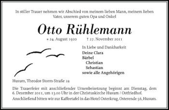Traueranzeige von Otto Rühlemann von Husumer Nachrichten