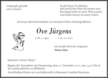 Traueranzeige von Ove Jürgens von Husumer Nachrichten