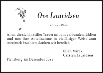 Traueranzeige von Ove Lauridsen von Flensburger Tageblatt