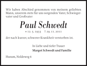 Traueranzeige von Paul Schwedt von Husumer Nachrichten