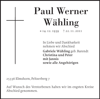 Traueranzeige von Paul Werner Wähling von Elmshorner Nachrichten