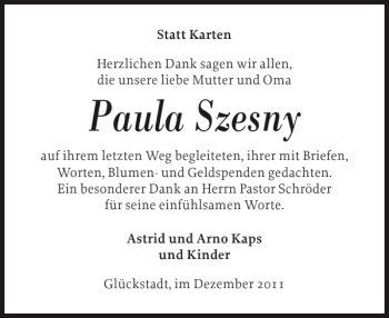 Traueranzeige von Paula Szesny von Norddeutsche Rundschau