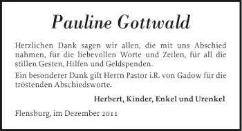 Traueranzeige von Pauline Gottwald von Flensburger Tageblatt