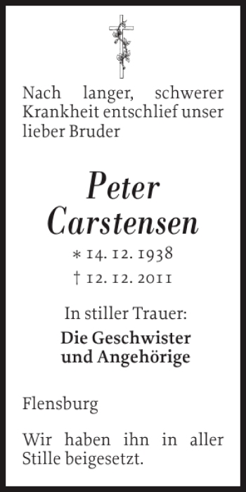 Traueranzeige von Peter Carstensen von Flensburger Tageblatt