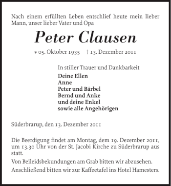 Traueranzeige von Peter Clausen von Schleswiger Nachrichten