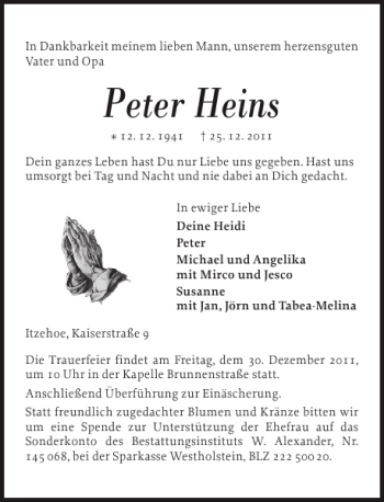 Traueranzeige von Peter Heins von Norddeutsche Rundschau