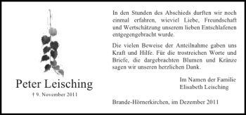 Traueranzeige von Peter Leisching von Elmshorner Nachrichten