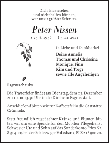 Traueranzeige von Peter Nissen von Flensburger Tageblatt