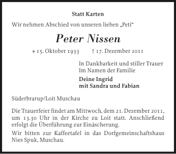 Traueranzeige von Peter Nissen von Flensburger Tageblatt