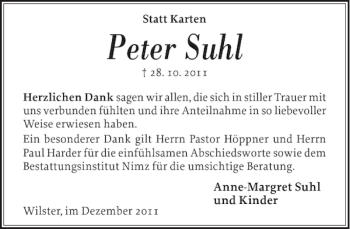 Traueranzeige von Peter Suhl von Norddeutsche Rundschau