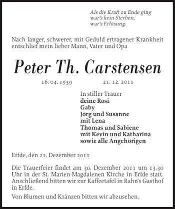 Traueranzeige von Peter Th. Carstensen von Landeszeitung