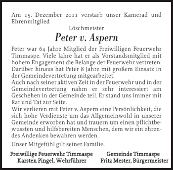 Traueranzeige von Peter v. Aspern von Landeszeitung