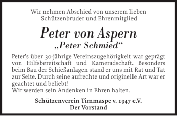 Traueranzeige von Peter von Aspern von Landeszeitung