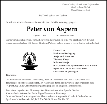 Traueranzeige von Peter von Aspern von Landeszeitung