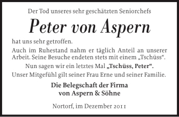 Traueranzeige von Peter von Aspern von Landeszeitung