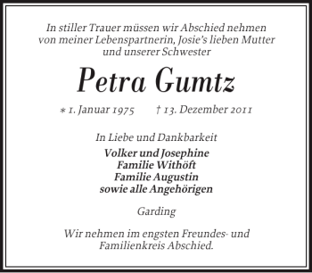Traueranzeige von Petra Gumtz von Husumer Nachrichten