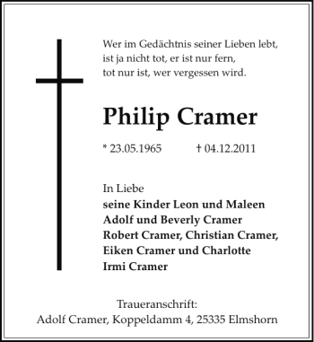 Traueranzeige von Pilip Cramer von Sylter Rundschau