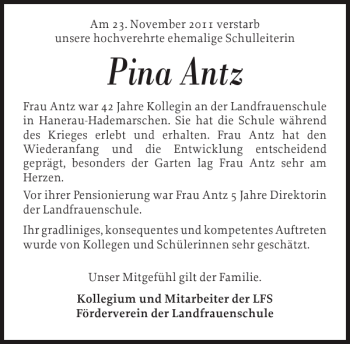 Traueranzeige von Pina Antz von Landeszeitung