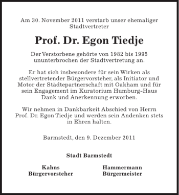 Traueranzeige von Prof. Dr. Egon Tiedje von Barmstedter Zeitung