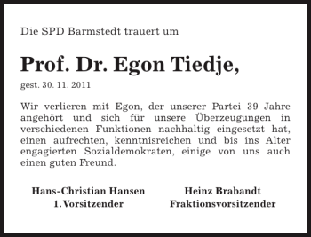 Traueranzeige von Prof. Dr. Egon Tiedje von Pinneberger Tageblatt