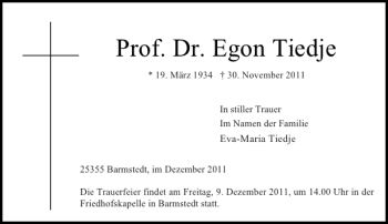 Traueranzeige von Prof. Dr. Egon Tiedje von Pinneberger Tageblatt