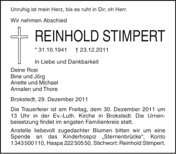 Traueranzeige von REINHOLD STIMPERT von Norddeutsche Rundschau