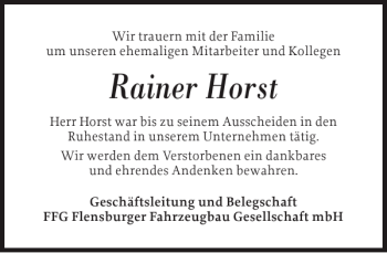 Traueranzeige von Rainer Horst von Flensburger Tageblatt