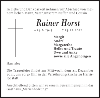 Traueranzeige von Rainer Horst von Flensburger Tageblatt