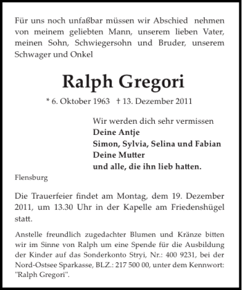 Traueranzeige von Ralph Gregori von Flensburger Tageblatt