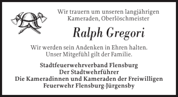Traueranzeige von Ralph Gregori von Flensburger Tageblatt