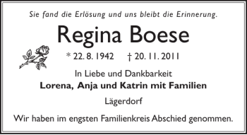 Traueranzeige von Regina Boese von Norddeutsche Rundschau