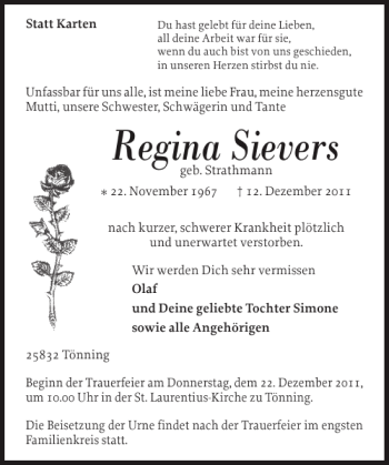 Traueranzeige von Regina Sievers von Husumer Nachrichten