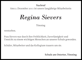 Traueranzeige von Regina Sievers von Husumer Nachrichten