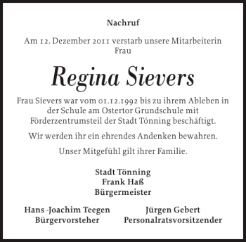 Traueranzeige von Regina Sievers von Husumer Nachrichten