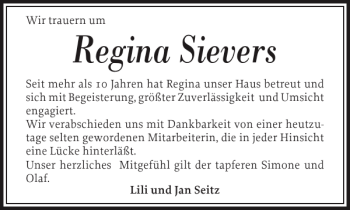 Traueranzeige von Regina Sievers von Husumer Nachrichten