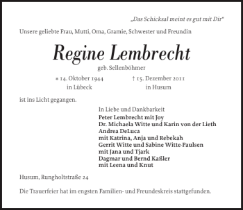 Traueranzeige von Regine Lembrecht von Husumer Nachrichten