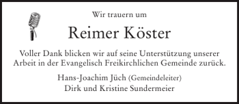 Traueranzeige von Reimer Köster von Sylter Rundschau
