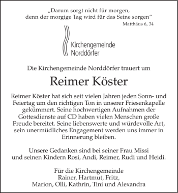 Traueranzeige von Reimer Köster von Sylter Rundschau