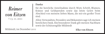 Traueranzeige von Reimer von Eitzen von Husumer Nachrichten