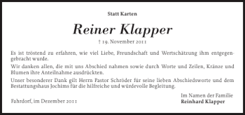 Traueranzeige von Reiner Klapper von Schleswiger Nachrichten