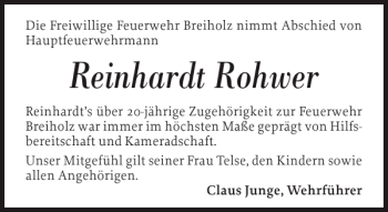 Traueranzeige von Reinhardt Rohwer von Landeszeitung