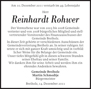 Traueranzeige von Reinhardt Rohwer von Landeszeitung