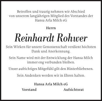 Traueranzeige von Reinhardt Rohwer von Landeszeitung