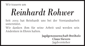 Traueranzeige von Reinhardt Rohwer von Landeszeitung