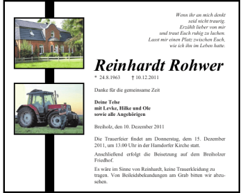 Traueranzeige von Reinhardt Rohwer von Landeszeitung