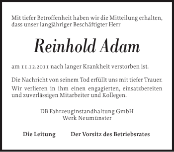 Traueranzeige von Reinhold Adam von Holsteinischer Courier