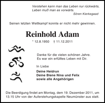 Traueranzeige von Reinhold Adam von Holsteinischer Courier