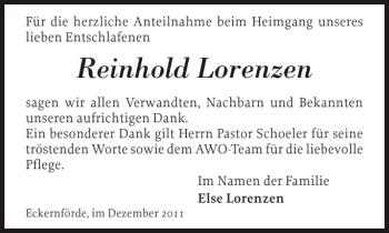 Traueranzeige von Reinhold Lorenzen von Eckernförder Zeitung