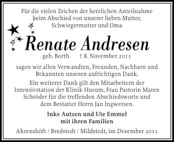 Traueranzeige von Renate Andresen von Husumer Nachrichten