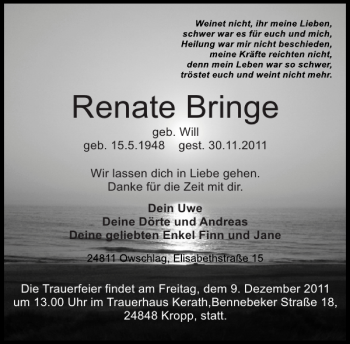 Traueranzeige von Renate Bringe von Landeszeitung